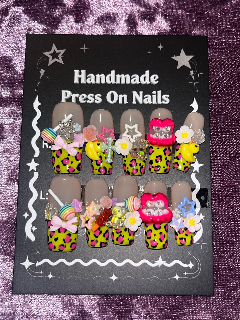 Handmade Press On Nails - Neon Yellow Leopard Accent with Pink and Nude Details